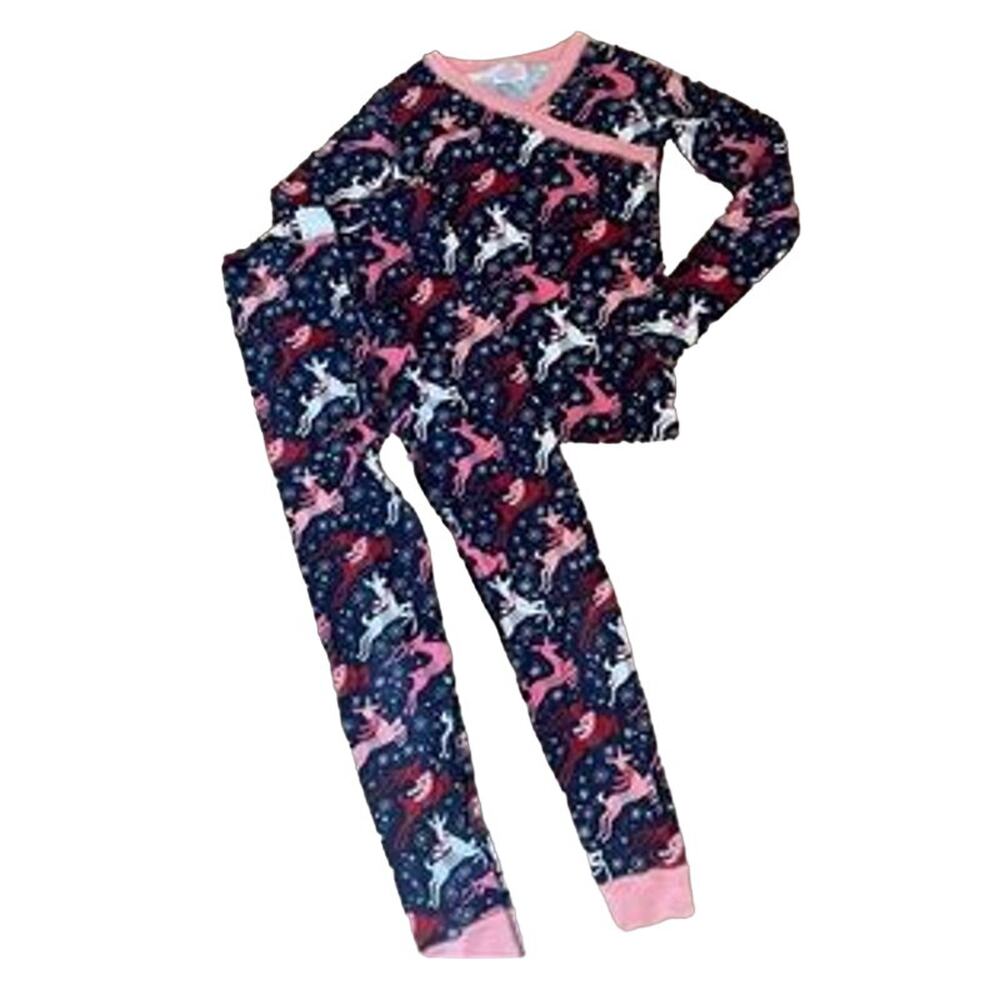 Hanna Andersson Pajamas Girls Blue pink reindeer Size 4 Christmas